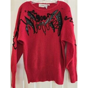 Vintage 80s MEDIUM Red Cedars Lambswool Angora Sweater Snakeskin Leather Beaded